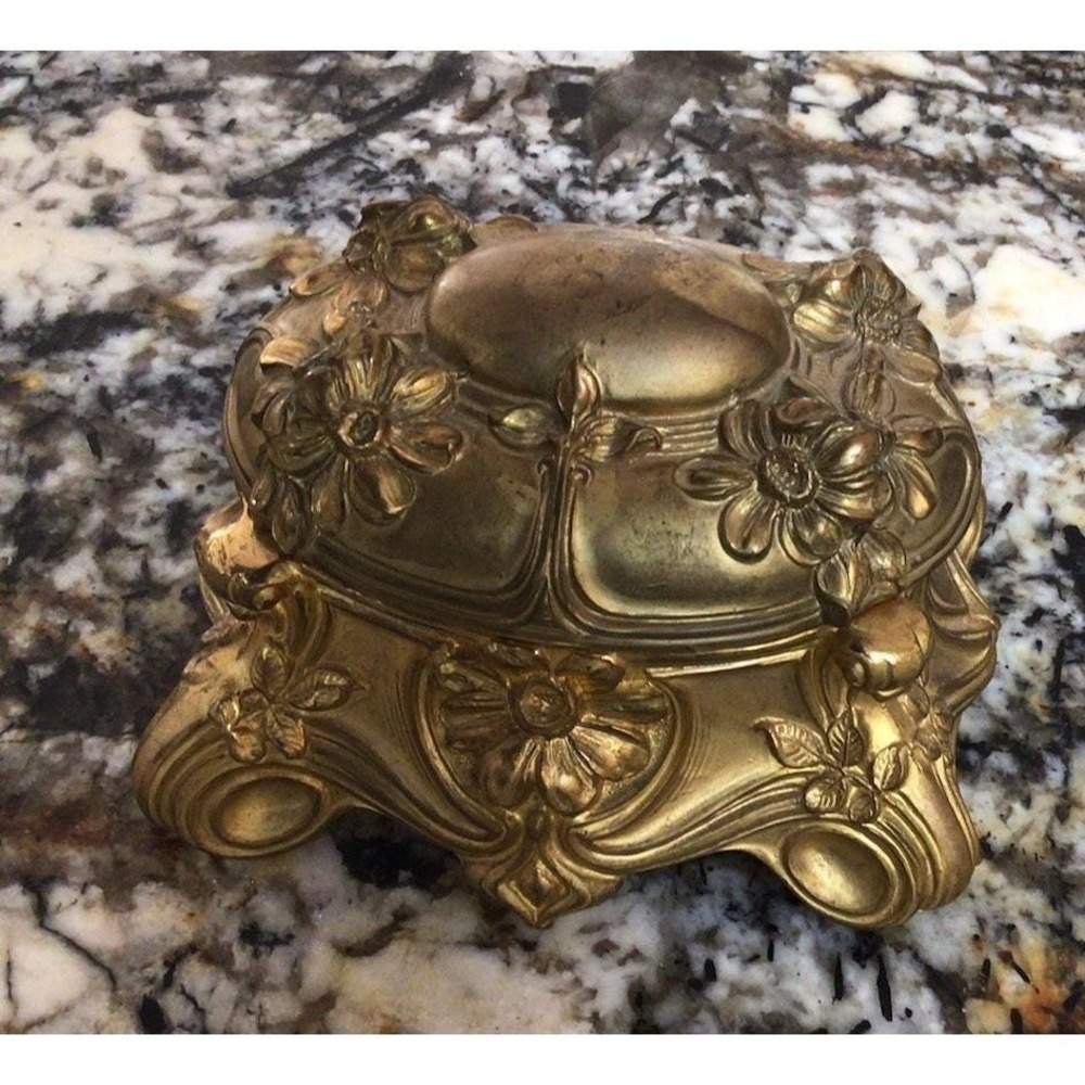 Vintage Ornate Jewelry Casket Trinket Box Gold Tone Floral Footed Vanity Box Hea